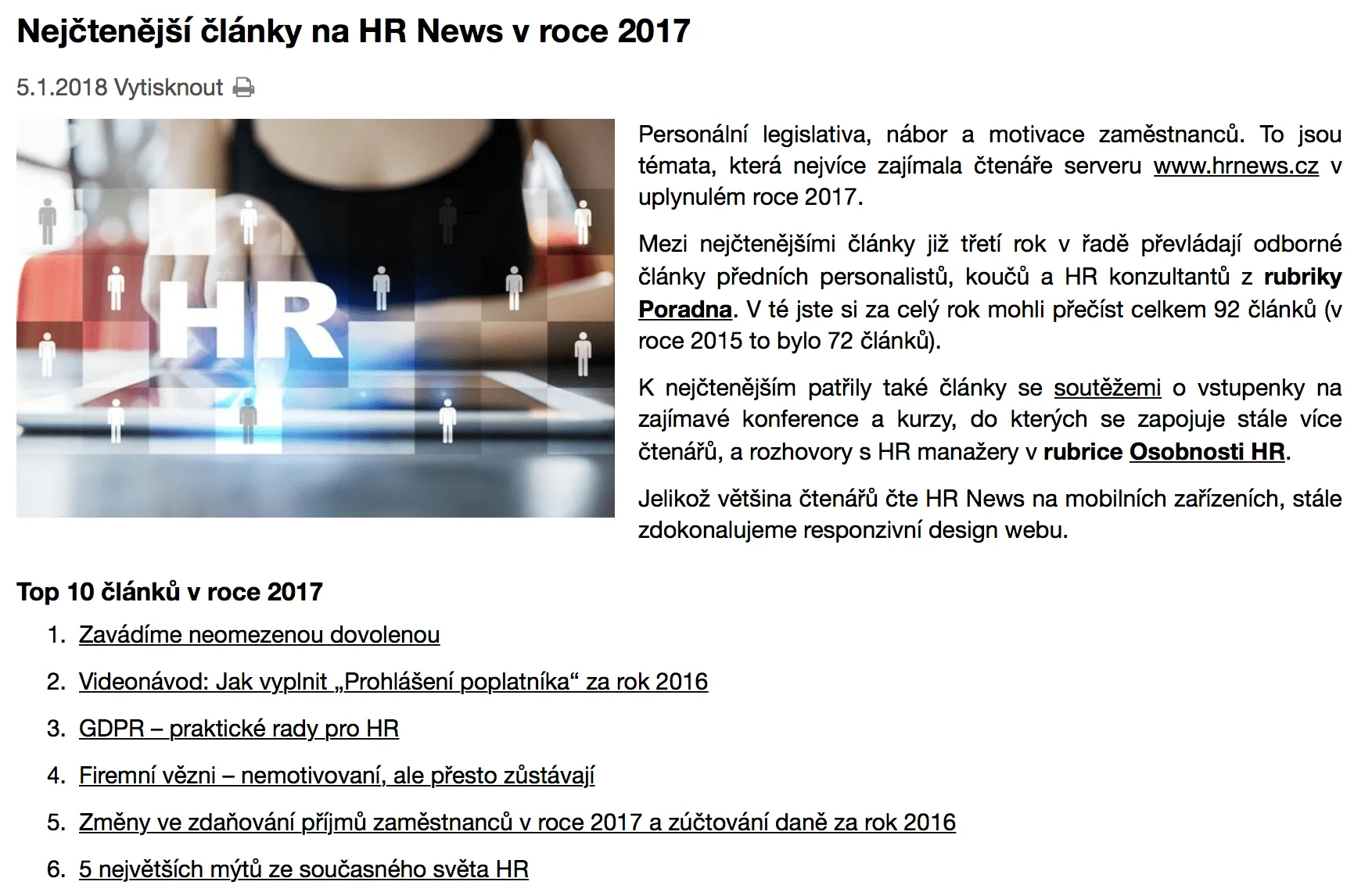 Nejčtenější články na HR News v roce 2017